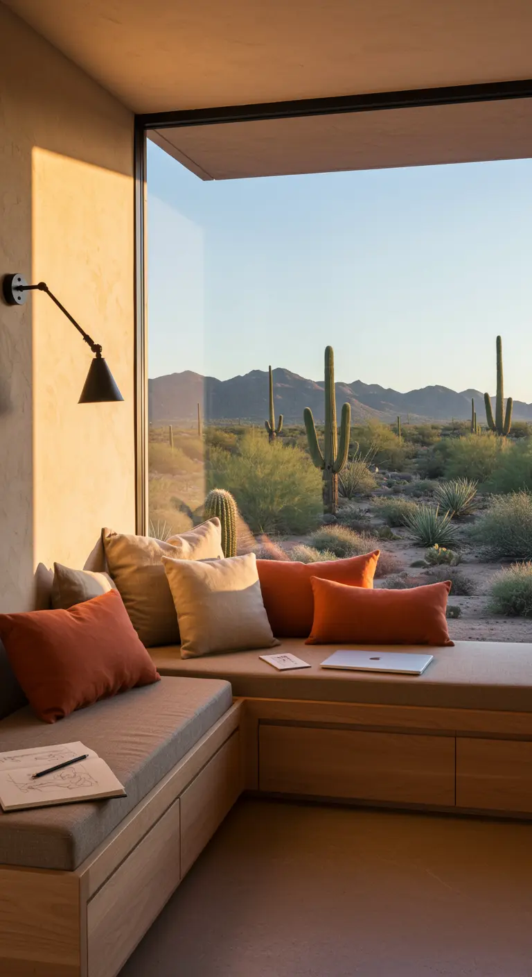 Rincón de trabajo moderno con cojines en tonos tierra y vistas a un paisaje desértico con cactus.
