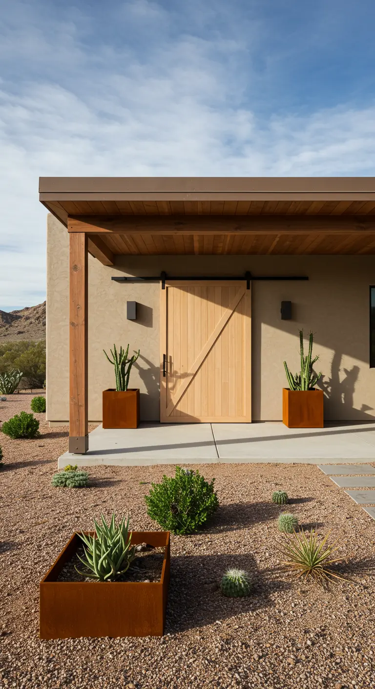 Porche de estilo desértico con puerta de granero de madera clara y maceteros de acero corten.