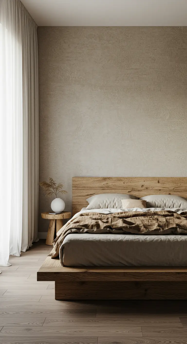 Dormitorio minimalista con pared texturizada en tono beige y cama de madera natural.