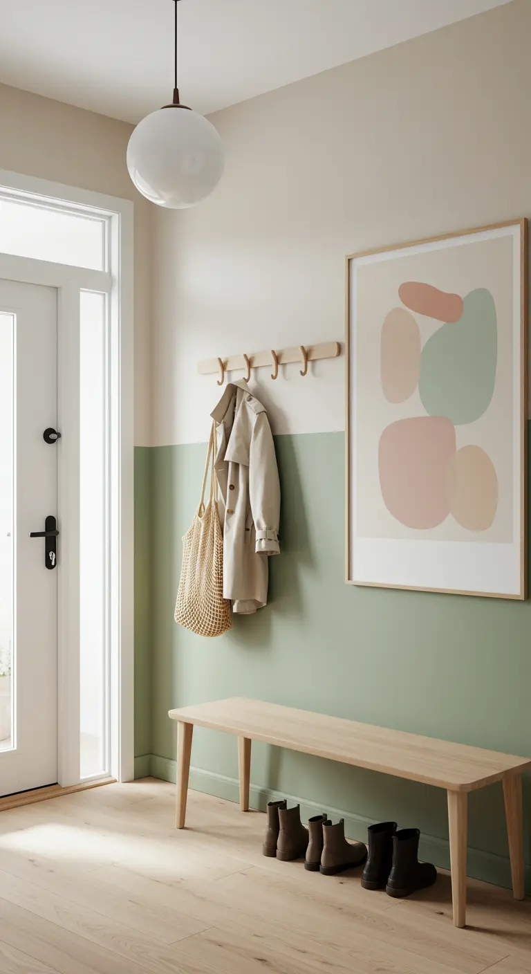 Entrada con pared bicolor en verde salvia y blanco roto, con un cuadro abstracto y banco.