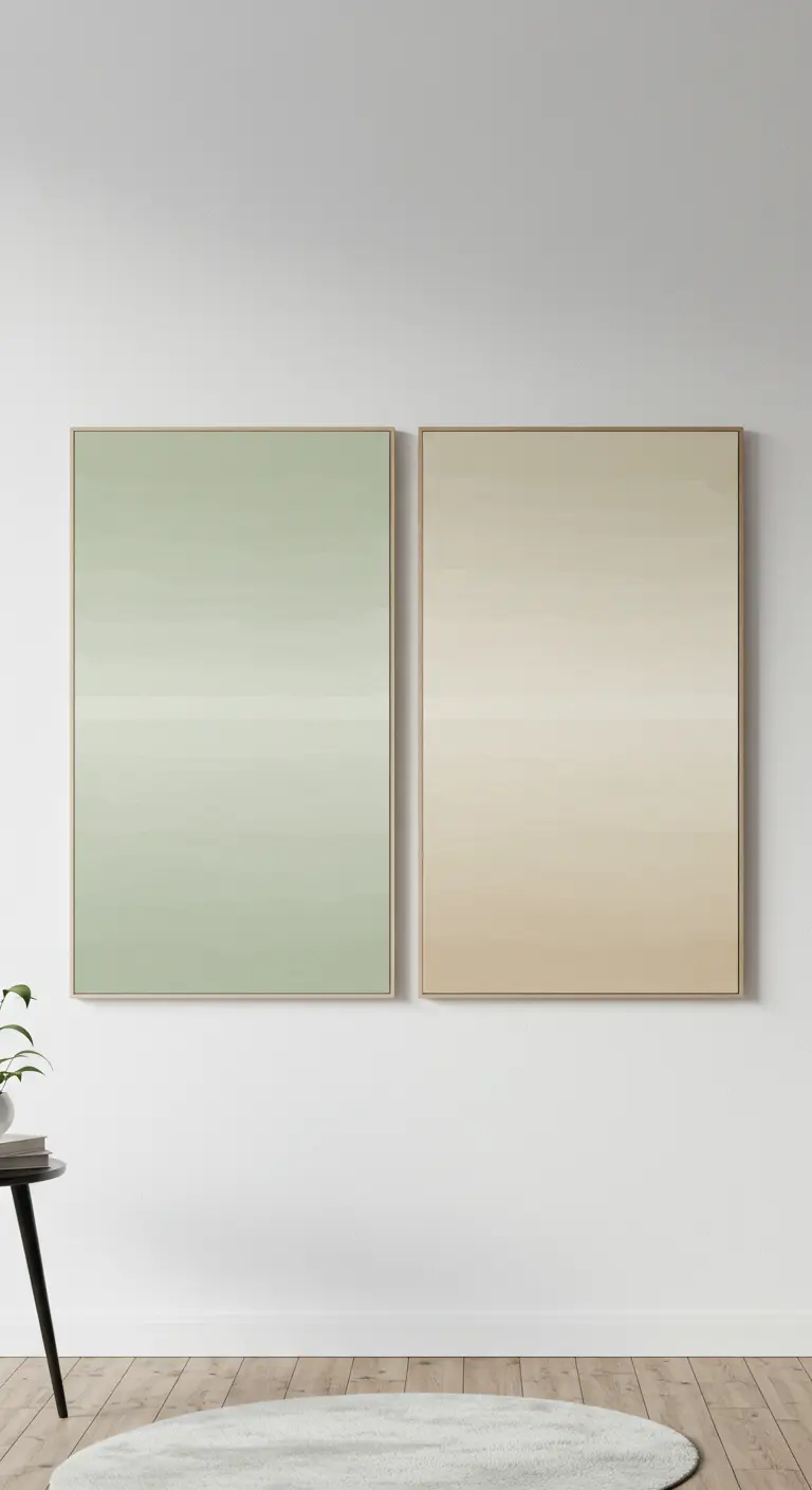 Dos cuadros grandes colgados en una pared blanca, uno con un degradado verde salvia y otro beige.