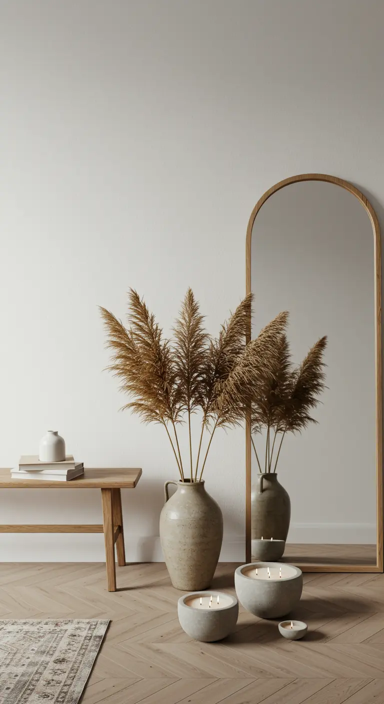 Rincón minimalista con espejo de arco, banco de madera, jarrón con pampa y velas en cuencos.