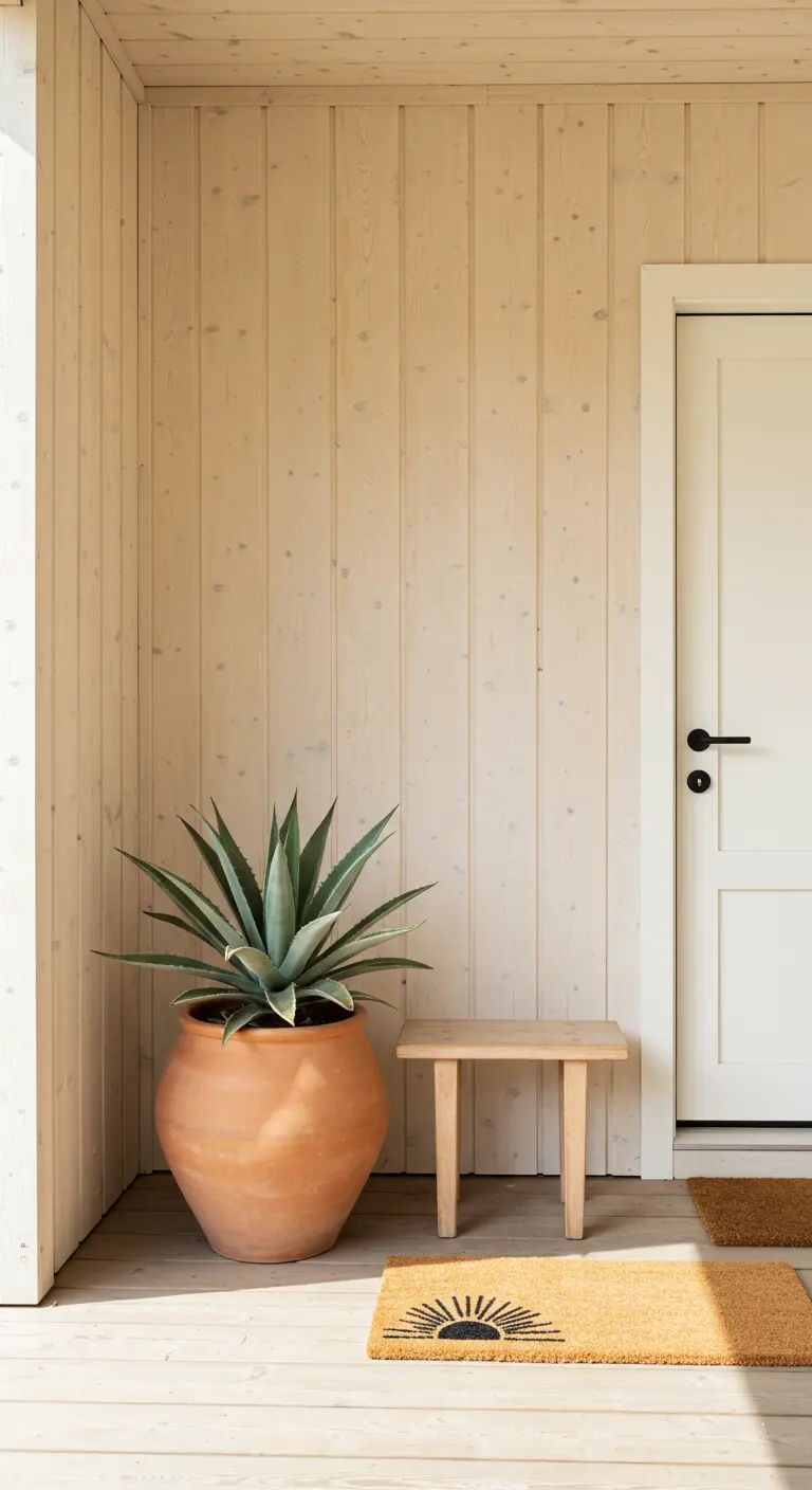 Porche minimalista con paredes de madera clara, una gran maceta de terracota y un felpudo con un sol