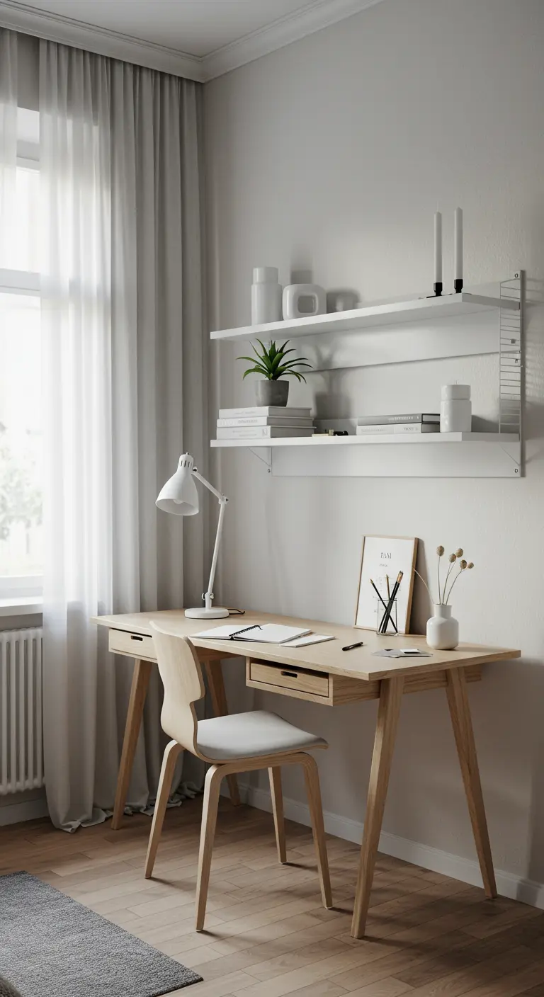 Escritorio minimalista de estilo escandinavo con estanterías blancas y una lámpara moderna.