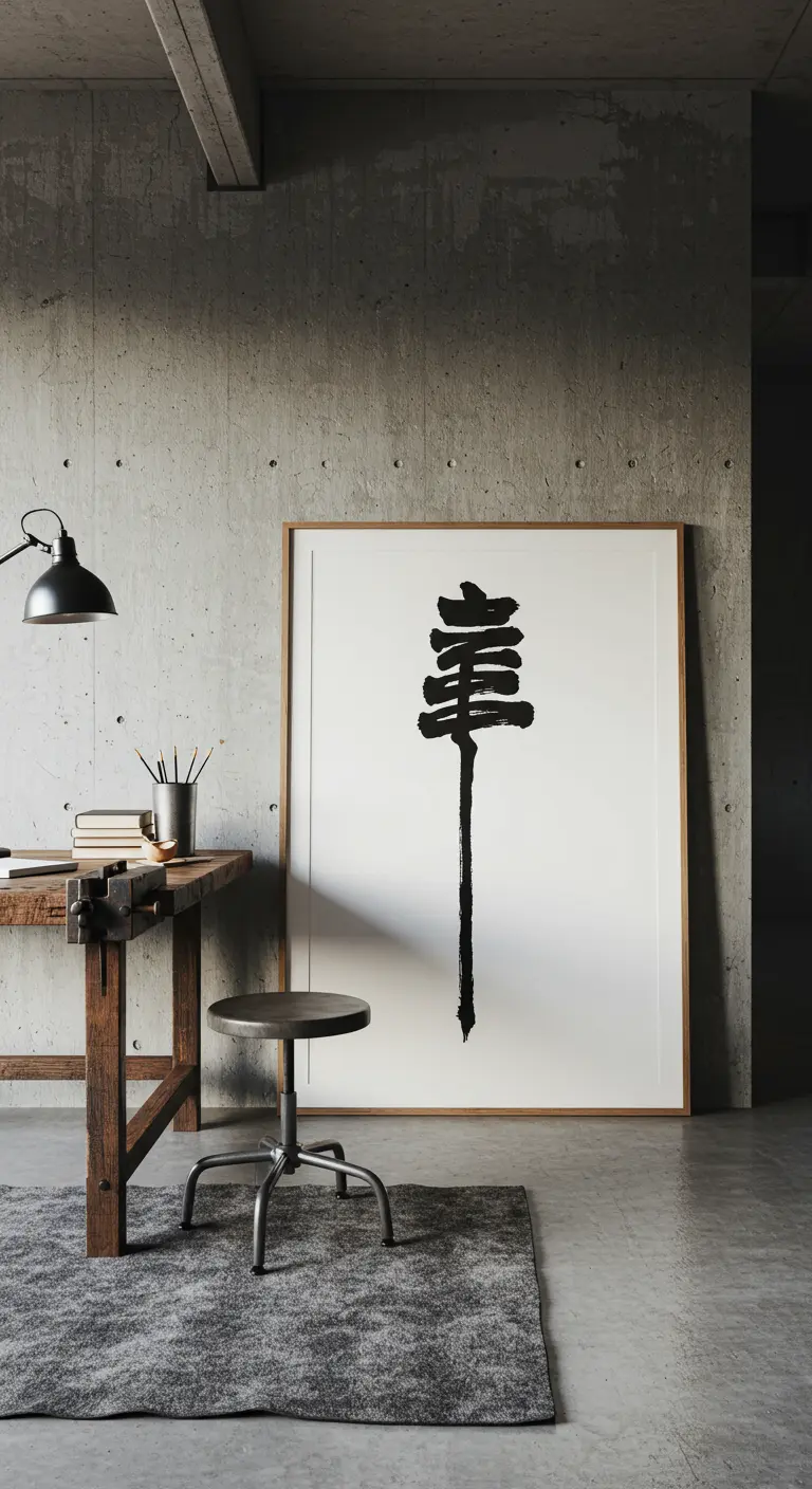 Espacio de trabajo industrial con pared de hormigón, escritorio rústico y un gran cuadro de caligrafía japonesa.