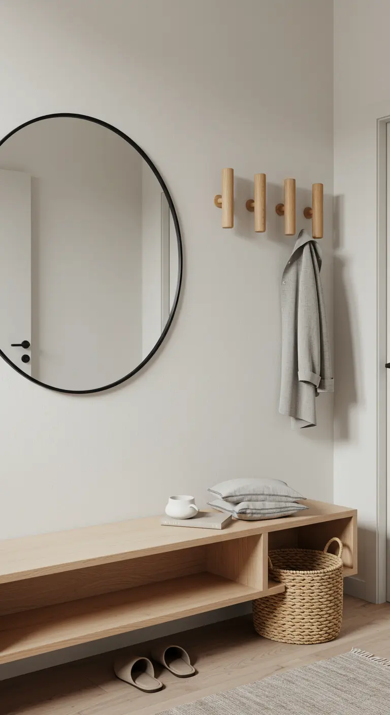 Recibidor estilo Japandi con banco de madera clara, espejo redondo y percheros de madera cilíndricos.