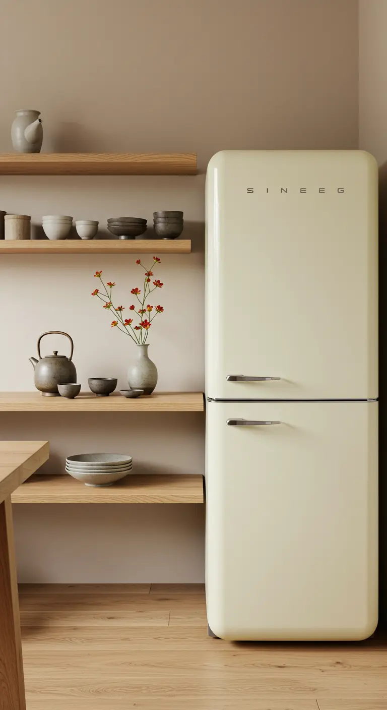 Cocina de estilo Japandi con frigorífico crema, estantes de madera y cerámica minimalista.