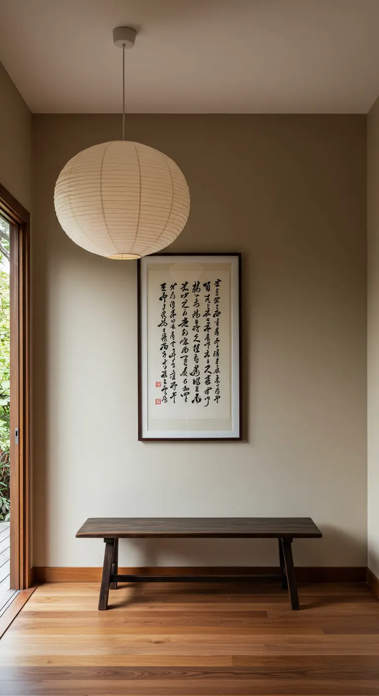 Recibidor de estilo Japandi con banco de madera oscura, lámpara de papel y un cuadro de caligrafía.