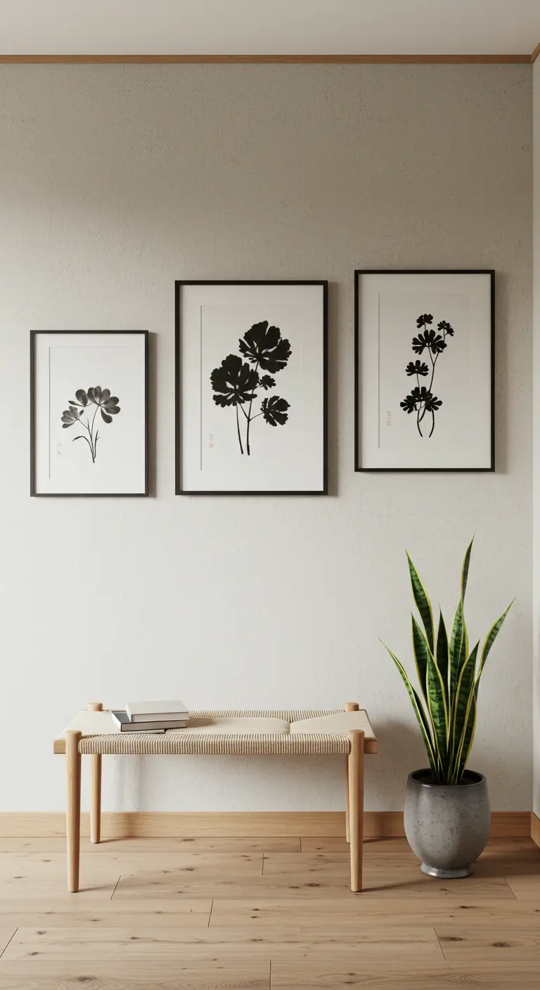 Rincón de estilo Japandi con tres cuadros de siluetas de plantas y un banco de madera y cuerda.