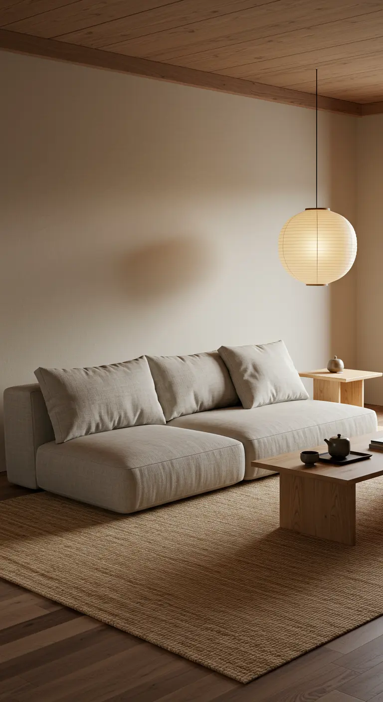 Sofá modular bajo de lino beige en un salón de estilo Japandi con elementos de madera natural.