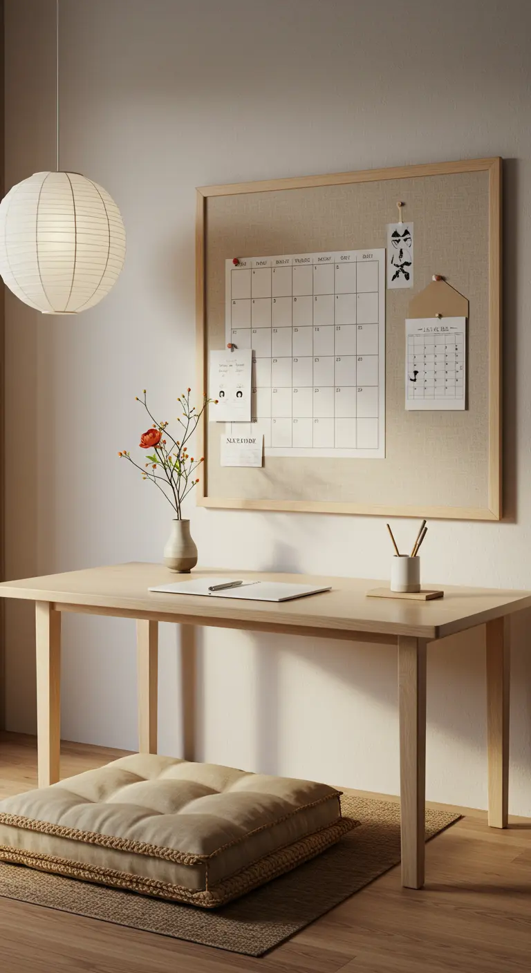 Rincón de planificación Japandi con tablón de lino, lámpara de papel y cojín de suelo.