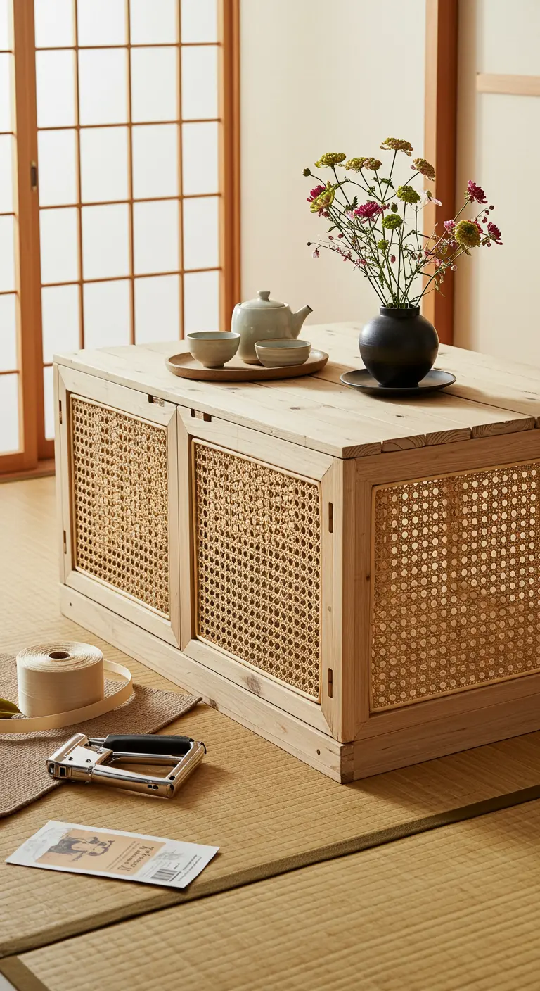 Mesa de centro baja de madera clara con puertas de rejilla de ratán, estilo Japandi.