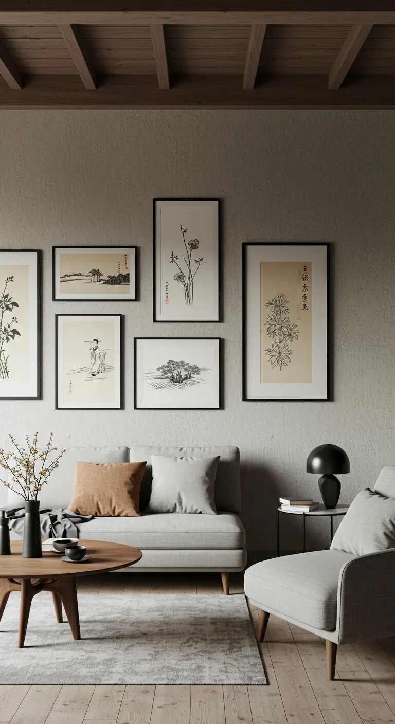 Pared de galería de inspiración japonesa con arte minimalista y mucho espacio negativo