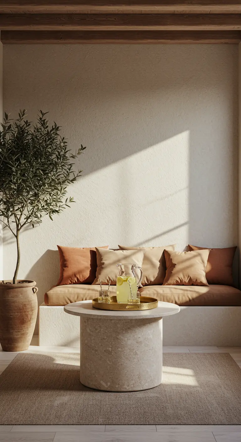 Rincón de relax en un balcón con sofá de obra, cojines terracota y una mesa de centro de piedra.