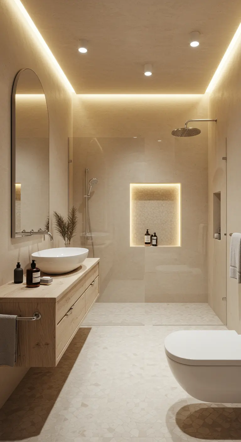 Baño minimalista en tonos neutros con iluminación LED indirecta y nicho iluminado en la ducha