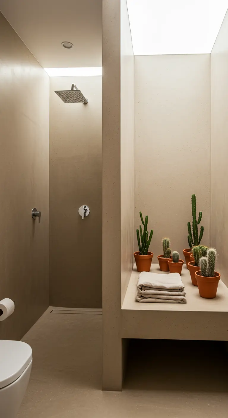 Ducha minimalista de microcemento beige con un banco y pequeños cactus.