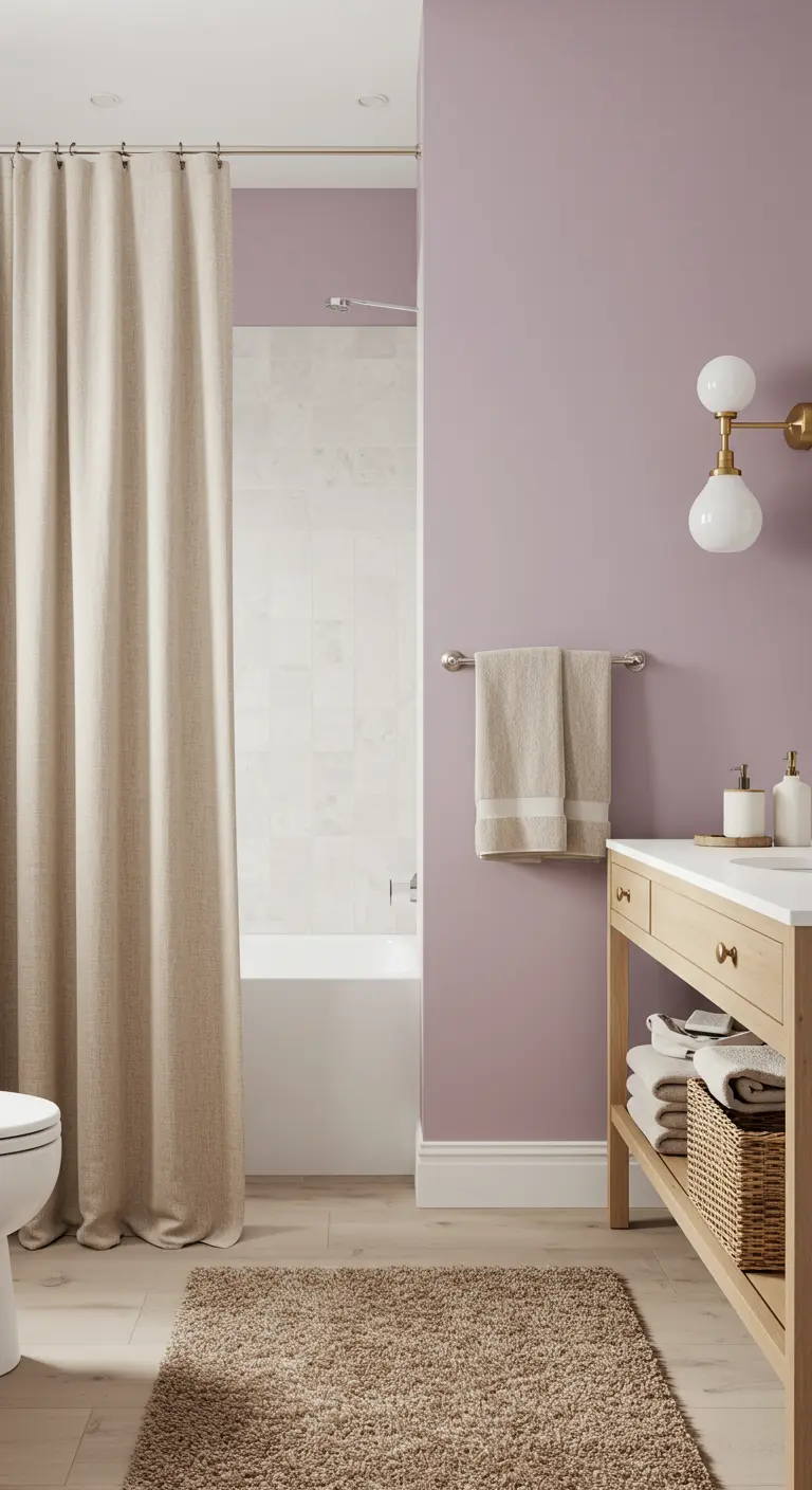 Baño con paredes color malva, mueble de madera clara y una cortina de ducha de lino