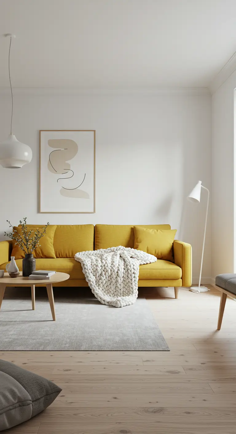 Sofá mostaza de líneas simples en una sala de estar escandinava blanca y luminosa.
