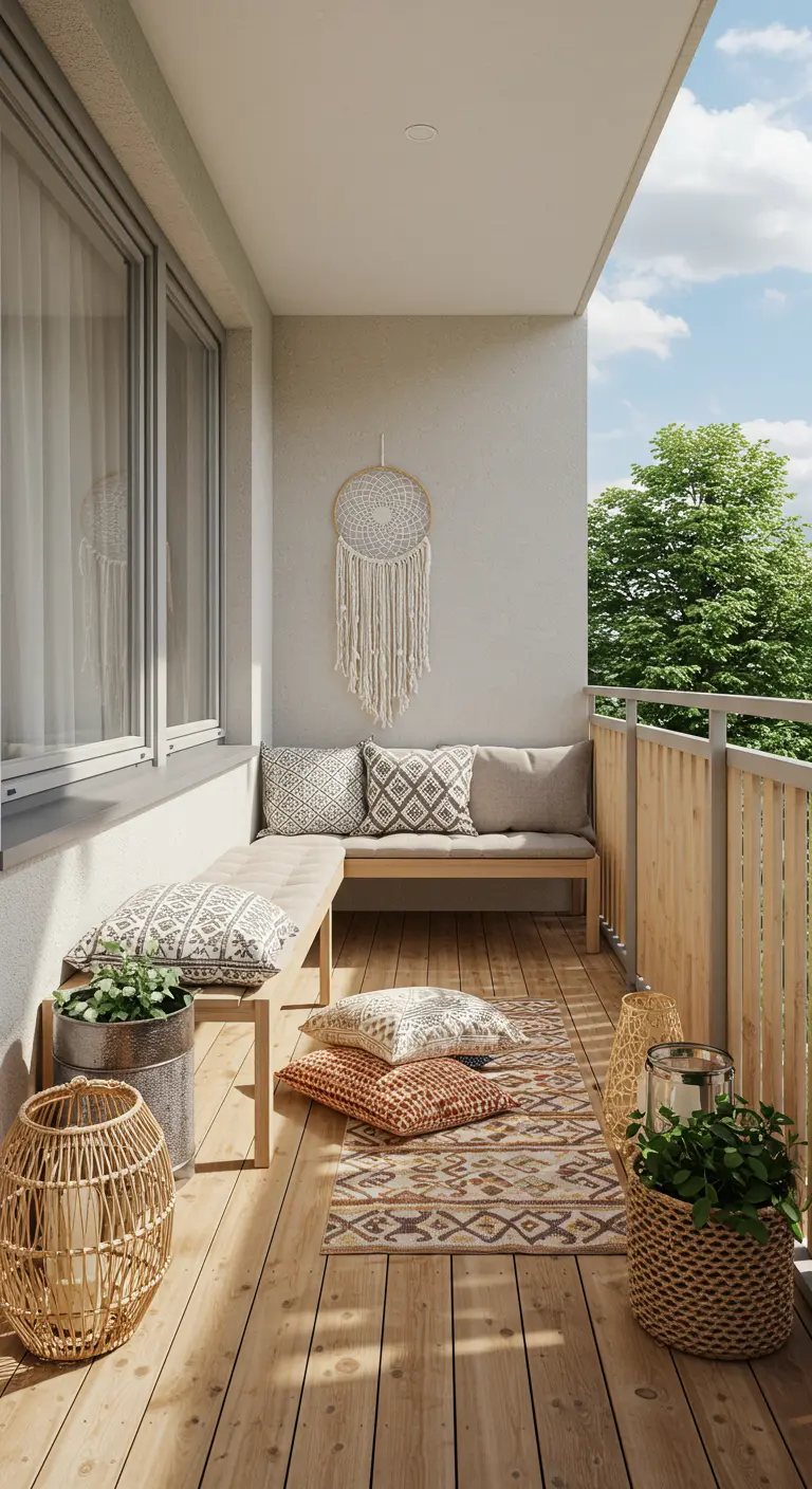Balcón de estilo escandinavo-boho con banco de madera clara, cojines neutros y cestas de fibra.