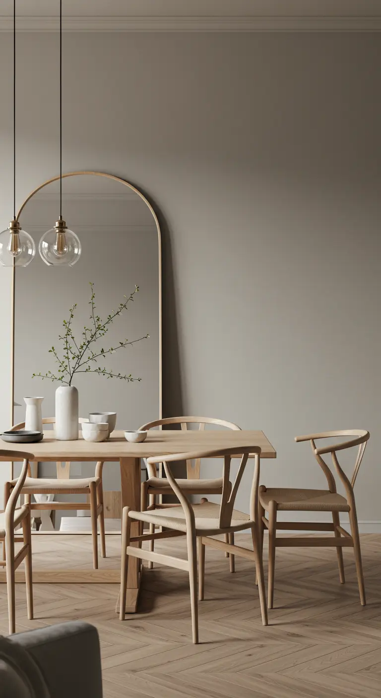 Comedor minimalista con un gran espejo de arco, mesa de madera clara y lámparas colgantes