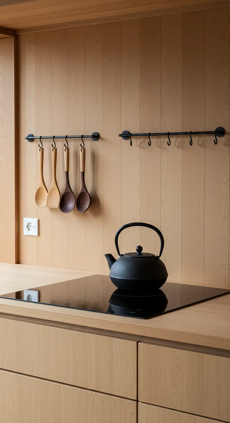 Cocina de estilo escandinavo con cucharas de madera colgadas de ganchos en una pared de madera clara