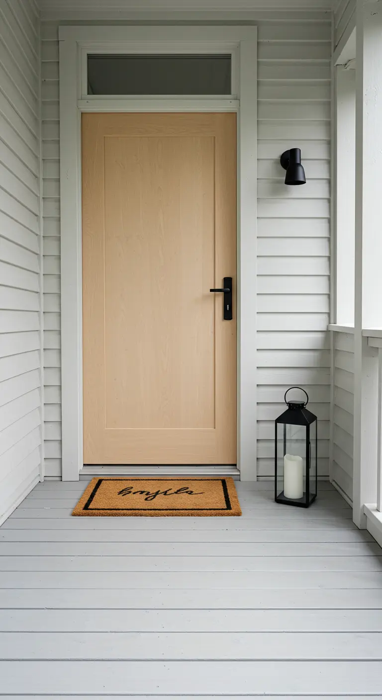 Porche de estilo escandinavo con puerta de madera clara, aplique negro y farol en el suelo.