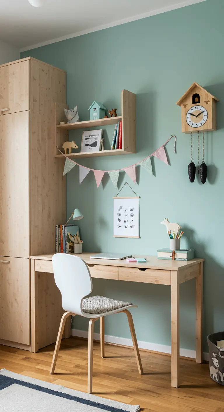 Escritorio de madera clara en una habitación de estilo nórdico con pared verde menta.