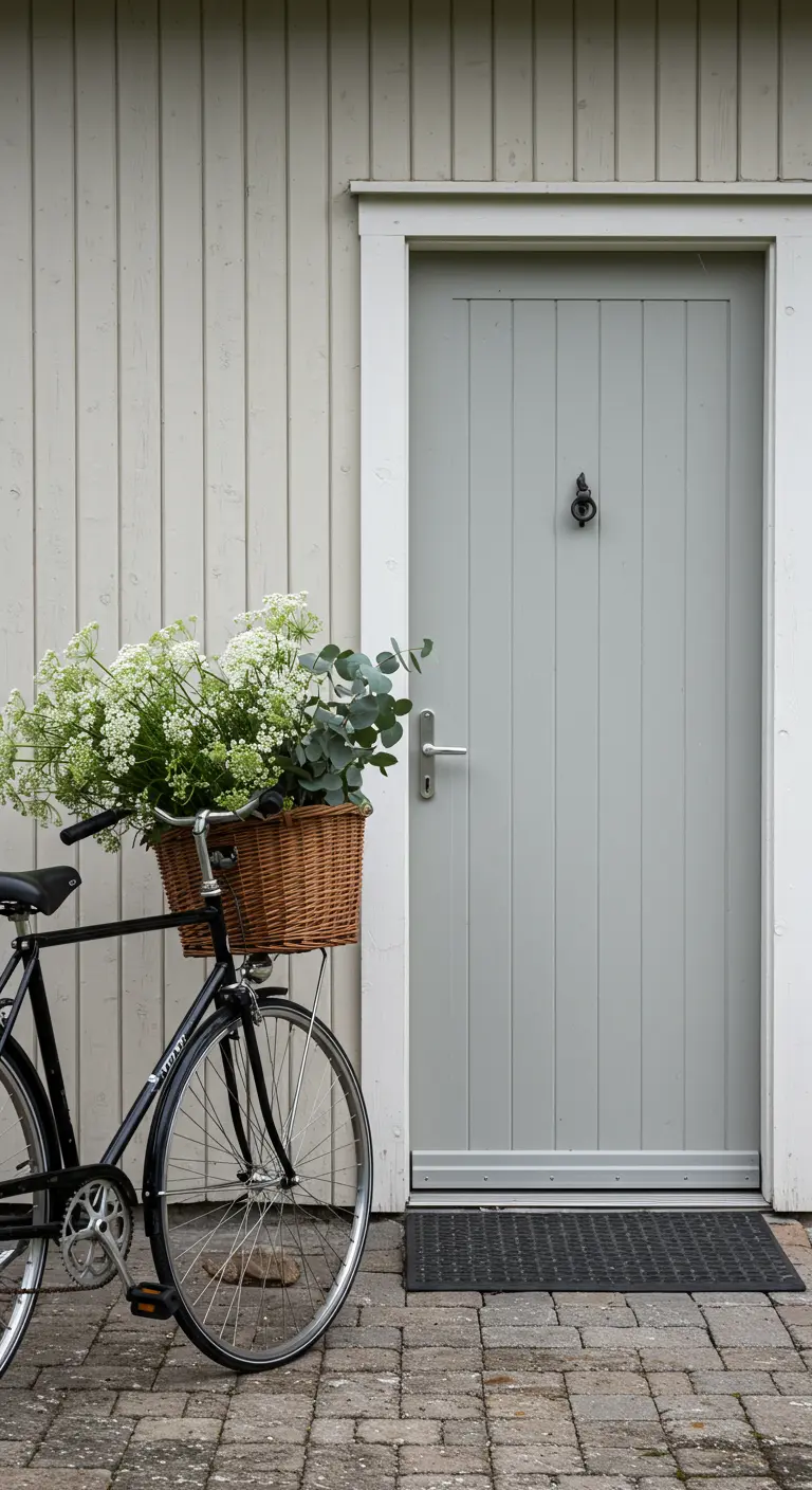Bicicleta negra con flores blancas y eucalipto frente a una pared de madera clara y puerta gris