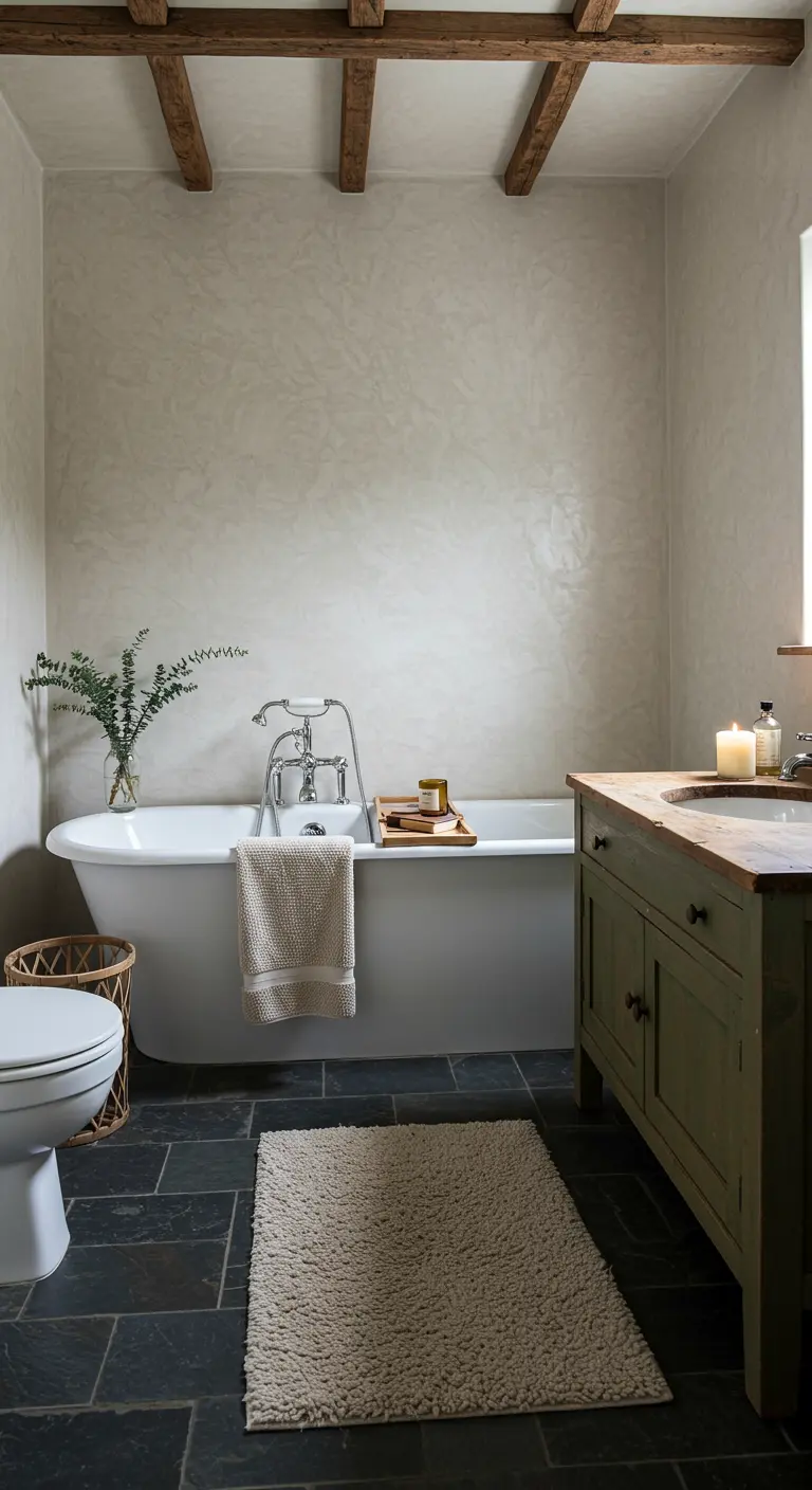 Baño rústico con bañera exenta y mueble de madera pintado de verde oliva.