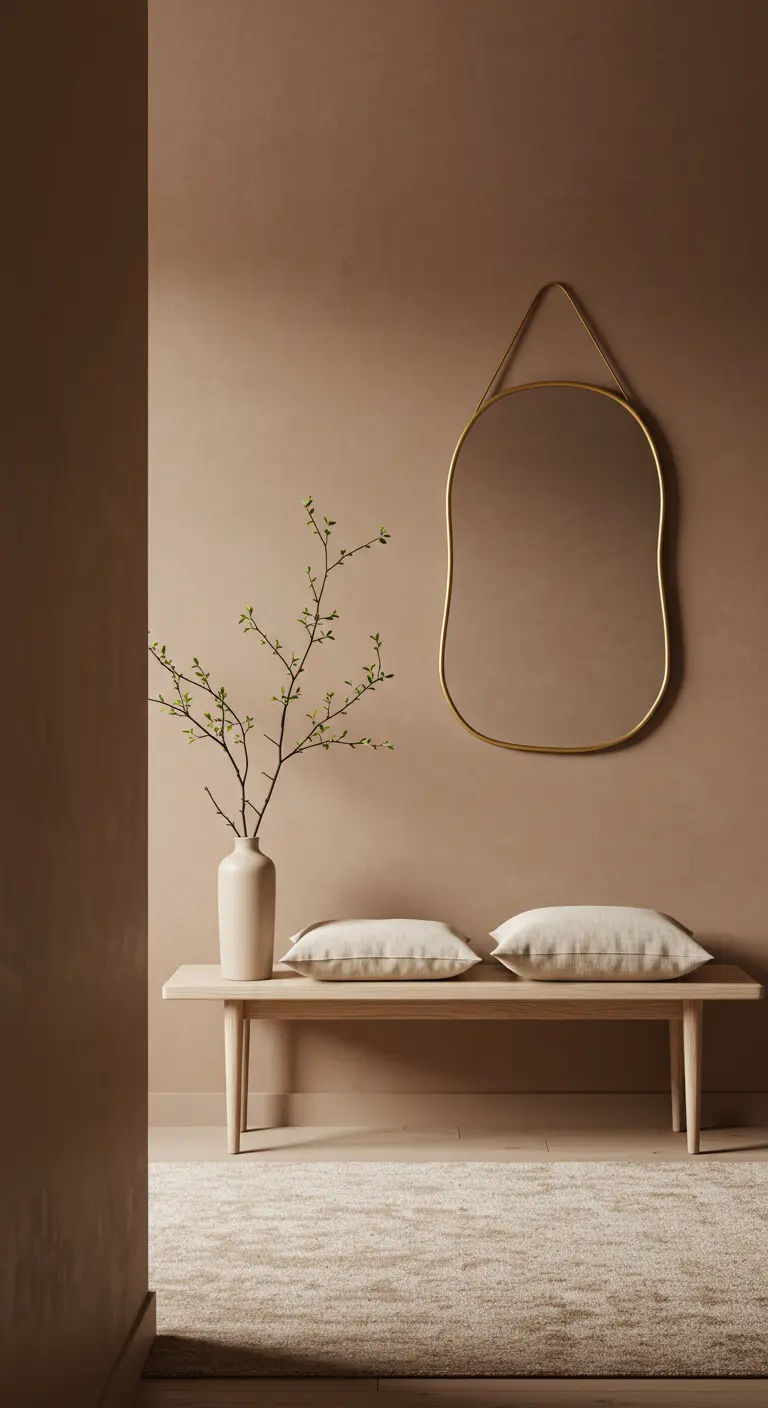 Recibidor minimalista con paredes color tierra, banco de madera y espejo dorado de forma irregular.
