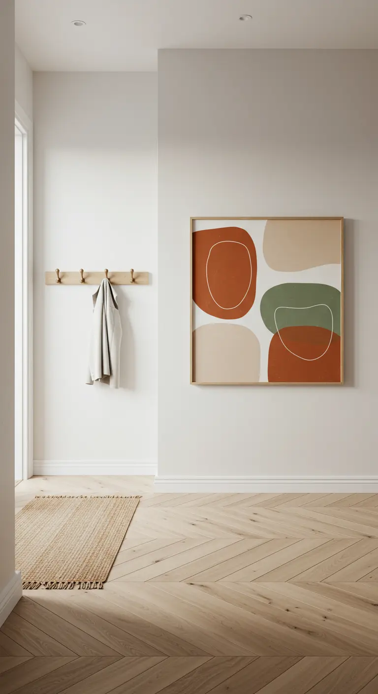 Entrada minimalista con suelo de madera, perchero, alfombra de yute y un cuadro en tonos tierra.