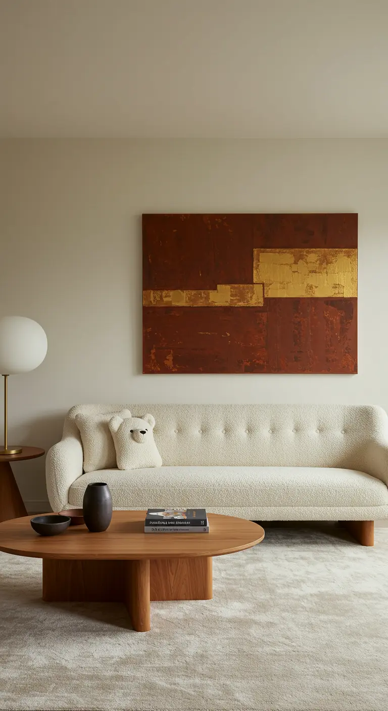 Sala minimalista de los 70 con sofá bouclé blanco y mesa de madera.