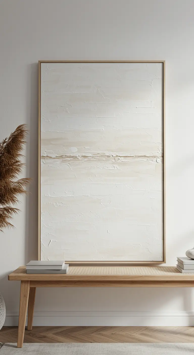 Cuadro minimalista de gran formato con textura blanca y beige.