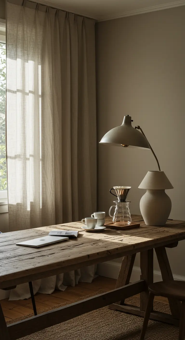 Mesa de trabajo de madera rústica con cerámica simple y luz natural suave.