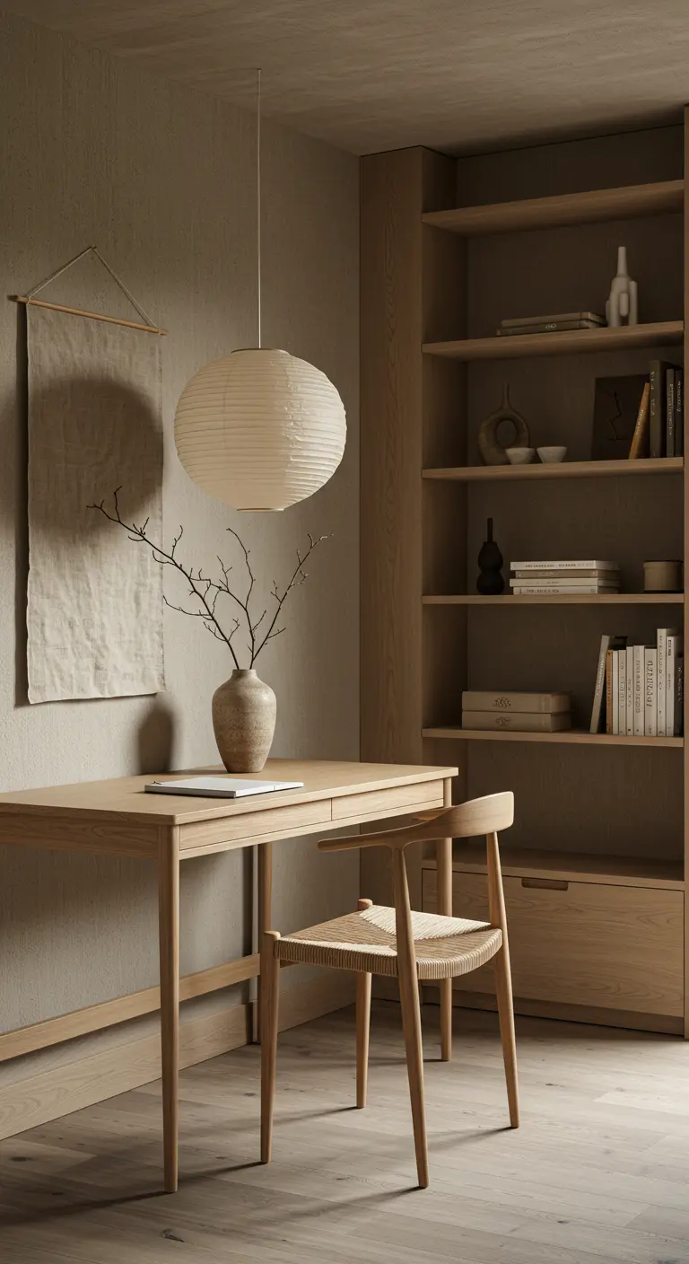 Escritorio de madera de estilo japonés con lámpara de papel, silla de mimbre y decoración minimalista.