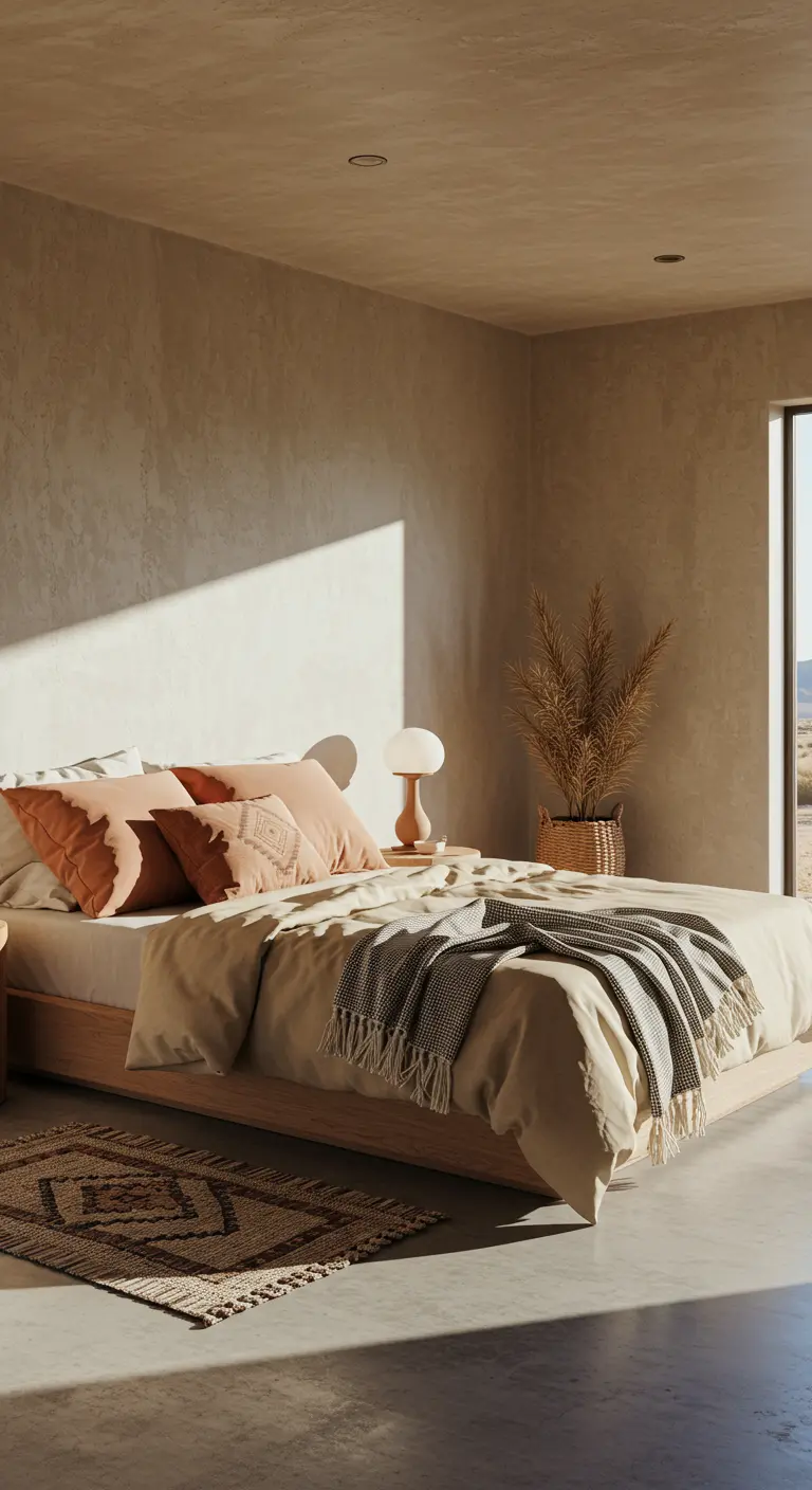 Dormitorio de estilo Wabi-Sabi con tonos tierra, cojines de lino y una manta con flecos.