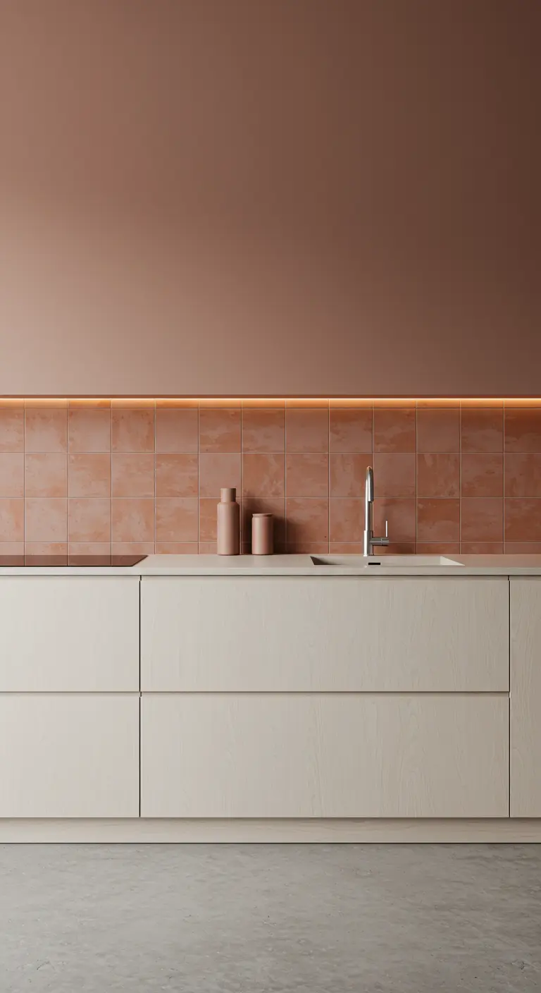 Cocina minimalista con salpicadero de baldosas rectangulares de color arcilla y armarios de madera clara.