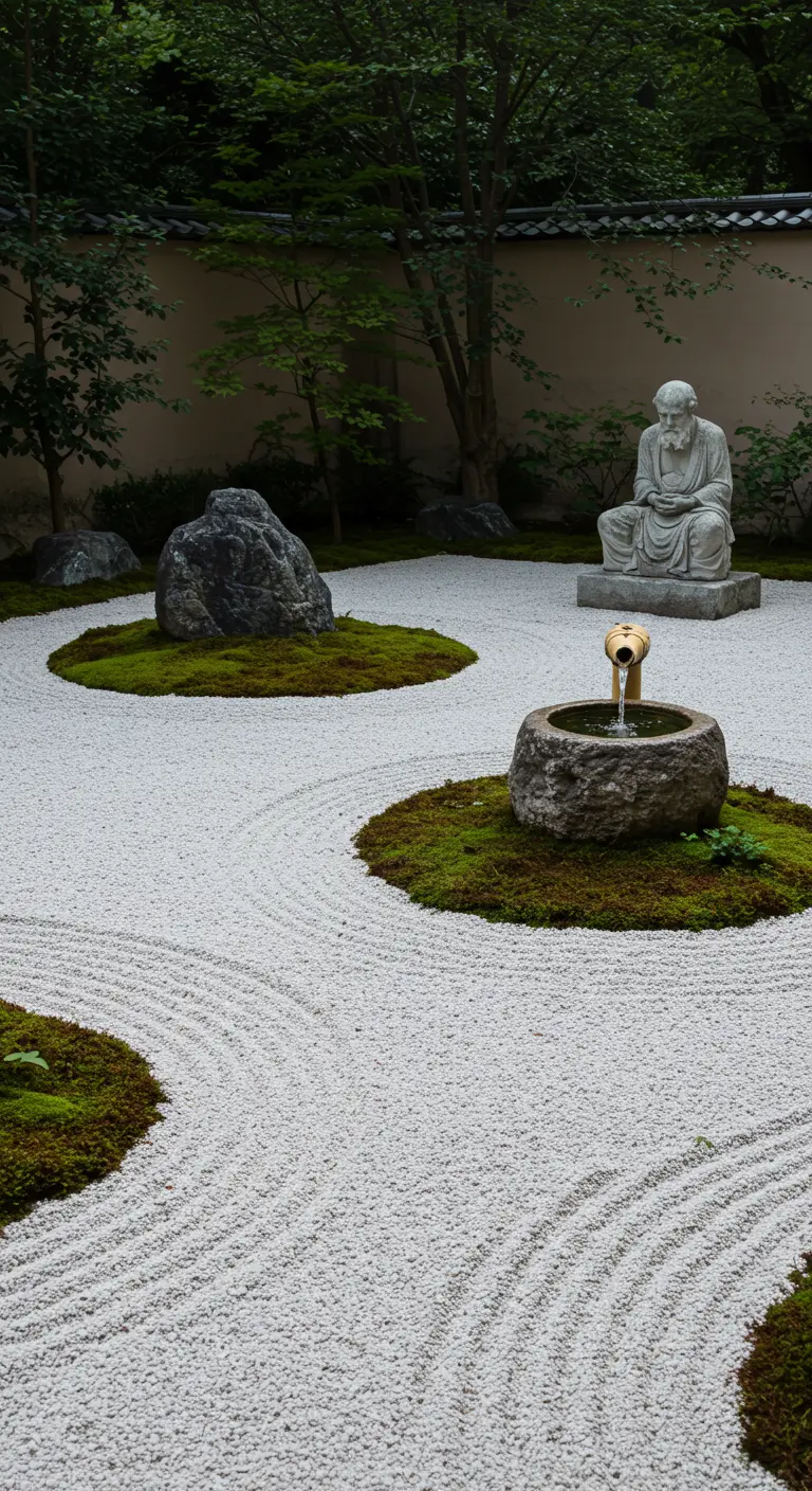 Jardín zen con arena rastrillada, rocas, musgo, una fuente de piedra y una escultura meditativa.