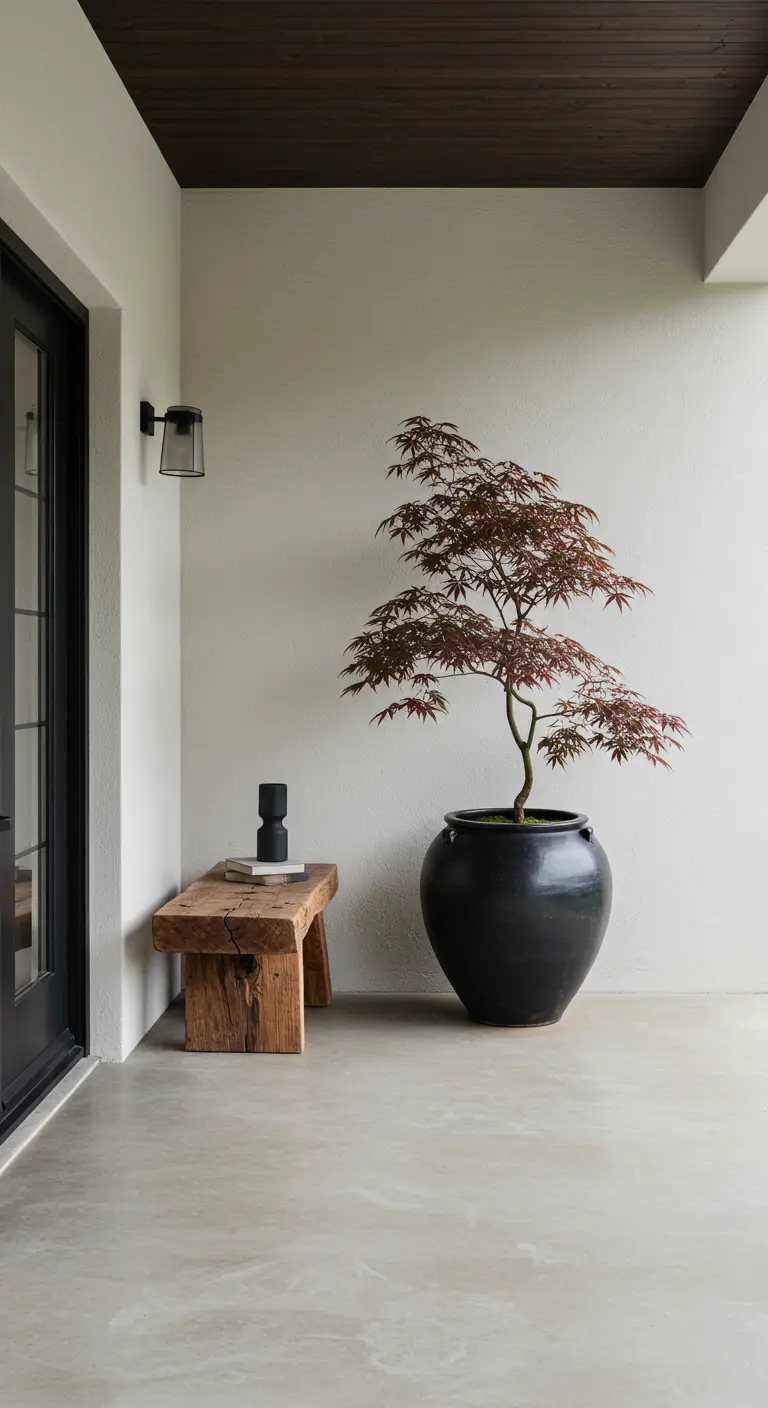 Porche minimalista con un banco de madera envejecida y un arce japonés en una maceta negra.