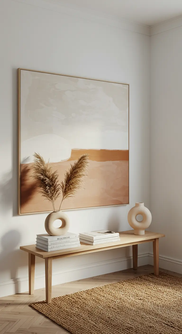Rincón minimalista con un gran cuadro abstracto, un banco de madera y jarrones de cerámica