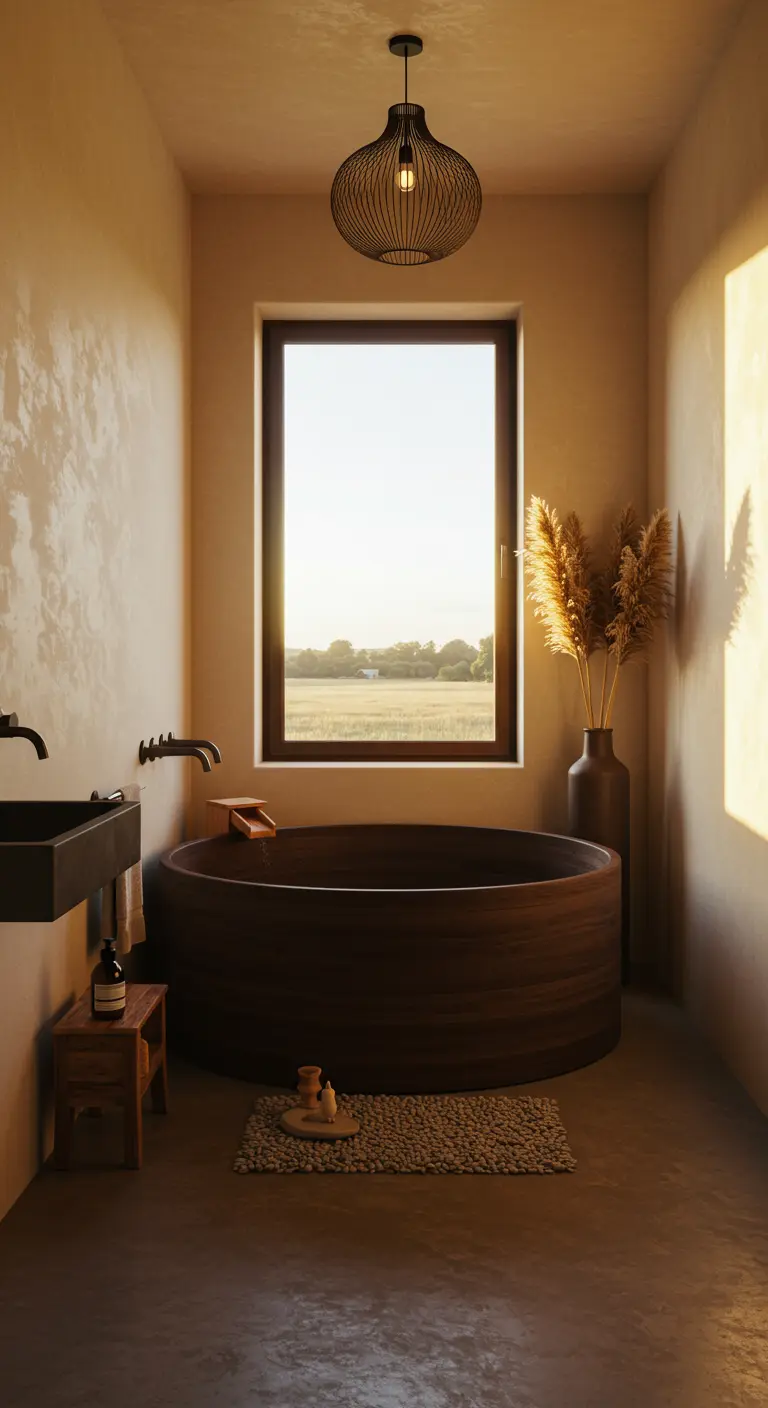 Baño íntimo con bañera redonda de madera oscura, paredes color tierra y pampas secas.