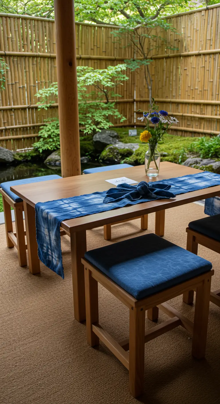 Mesa de madera con un camino de tela teñida de índigo y bancos a juego en un jardín japonés.