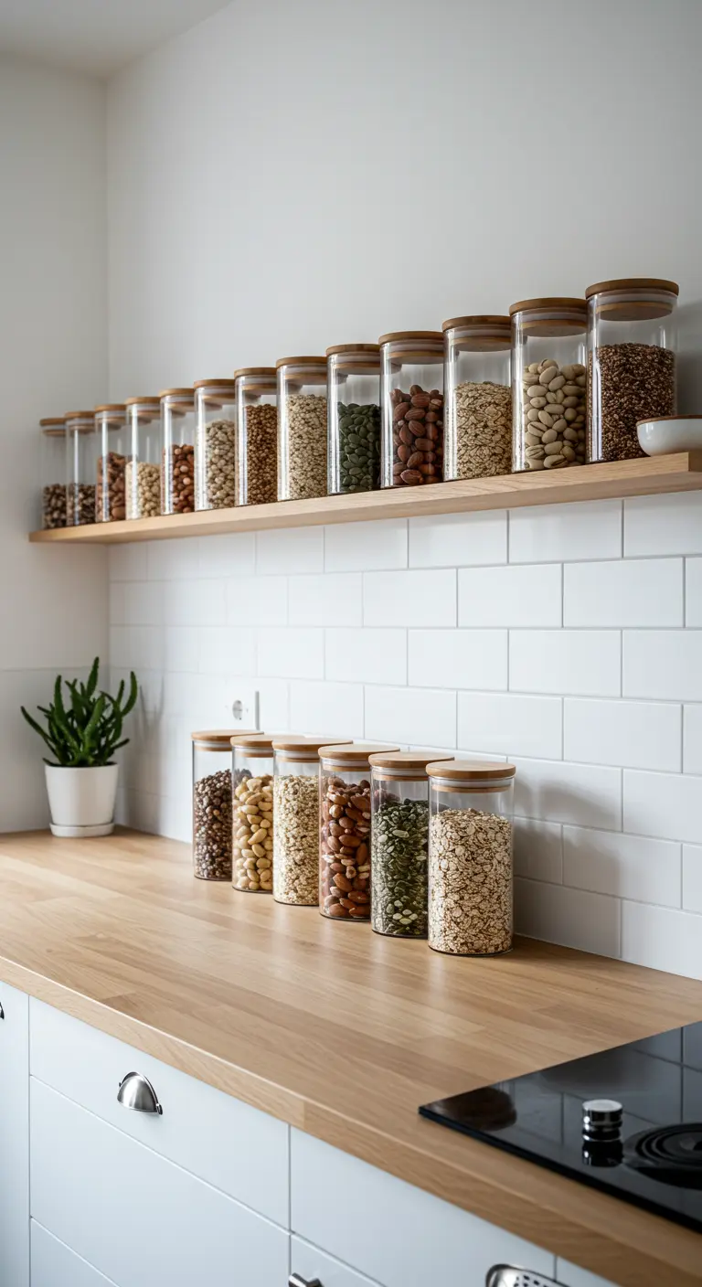 Frascos de vidrio idénticos con tapas de madera, alineados en una estantería y encimera de cocina.