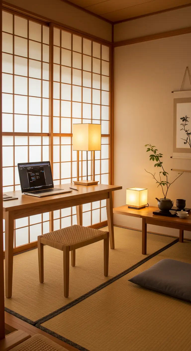 Oficina en casa de estilo japonés con escritorio bajo de madera, tatami y paneles shoji.