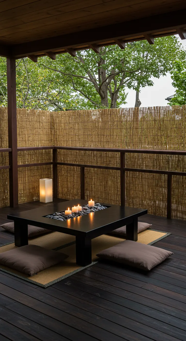 Balcón de estilo japonés con mesa baja con velas, cojines en el suelo y valla de bambú.
