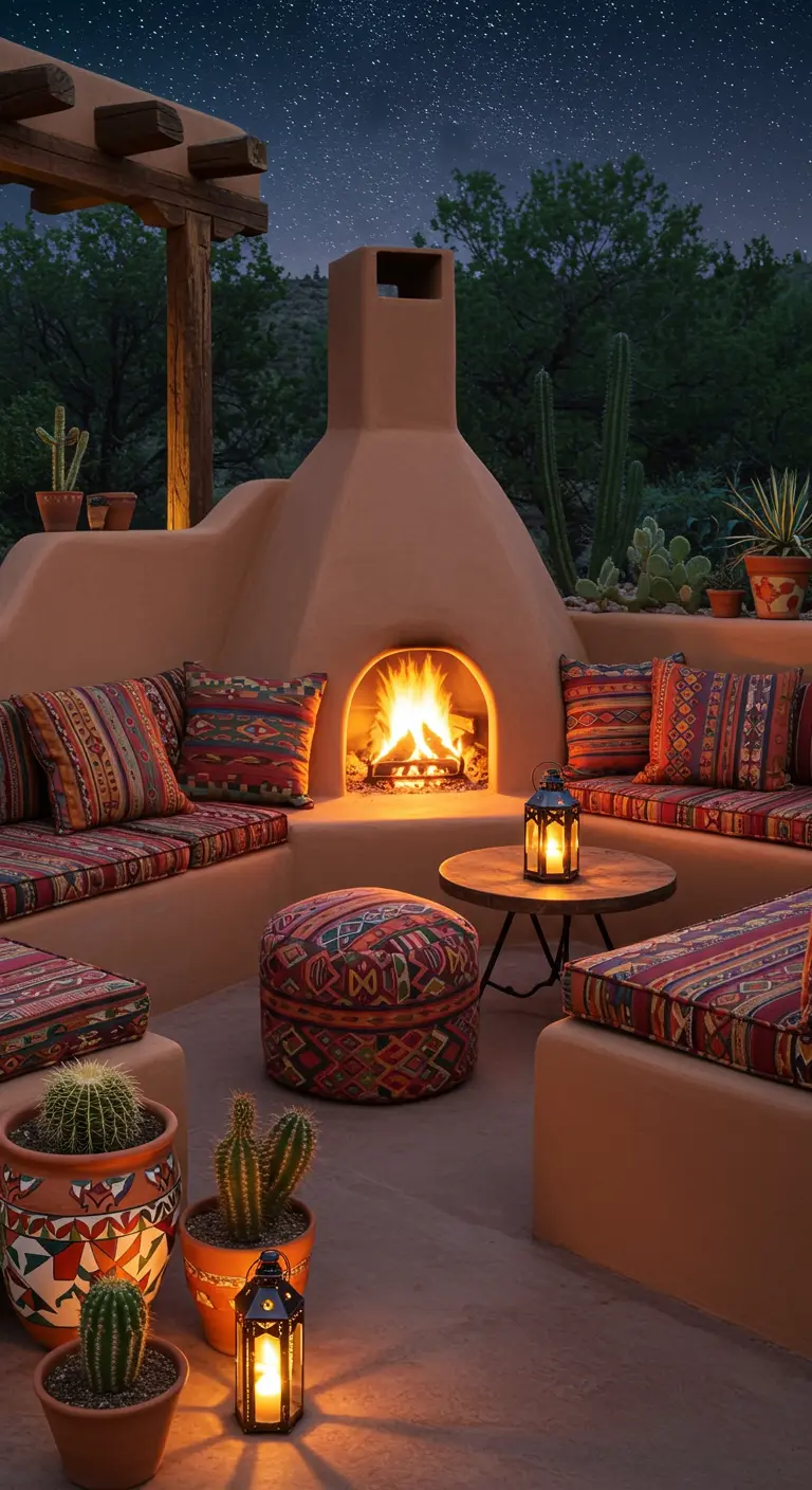 Patio de estilo adobe con chimenea encendida, cojines estampados y cactus.