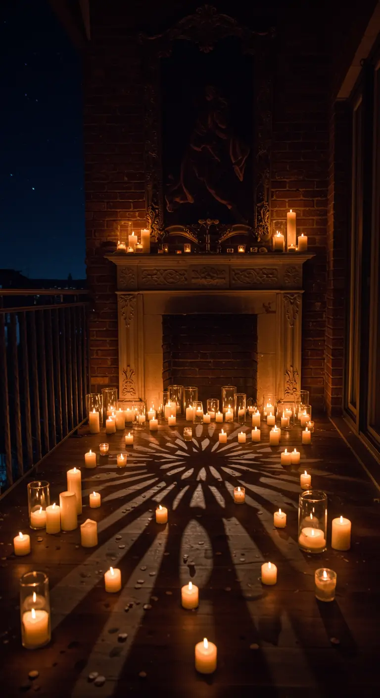 Balcón con chimenea rodeada de docenas de velas creando un patrón de luz.