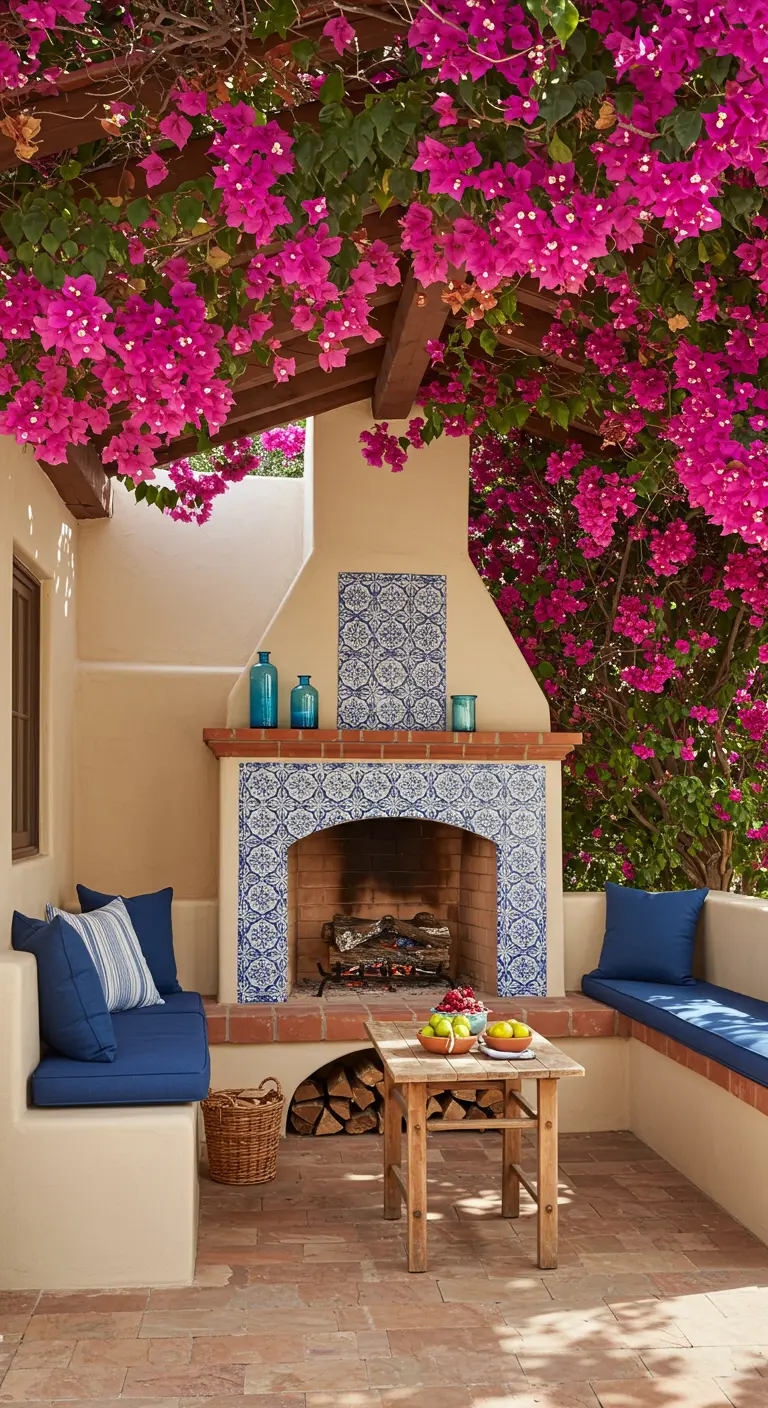 Chimenea exterior de estilo mediterráneo decorada con azulejos azules y flanqueada por bancos de obra.