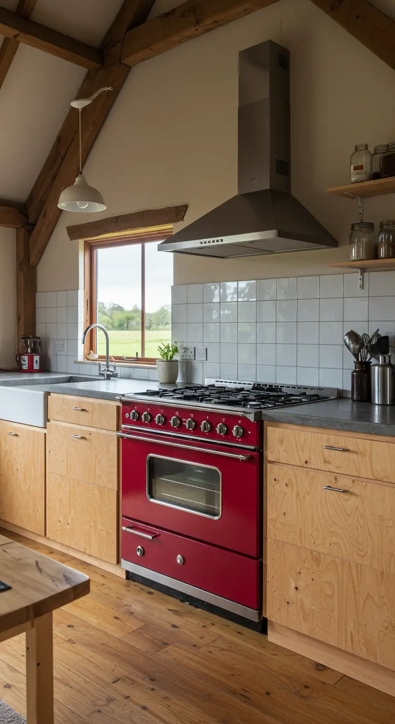 Cocina rústica con vigas de madera, horno retro rojo y armarios de contrachapado.