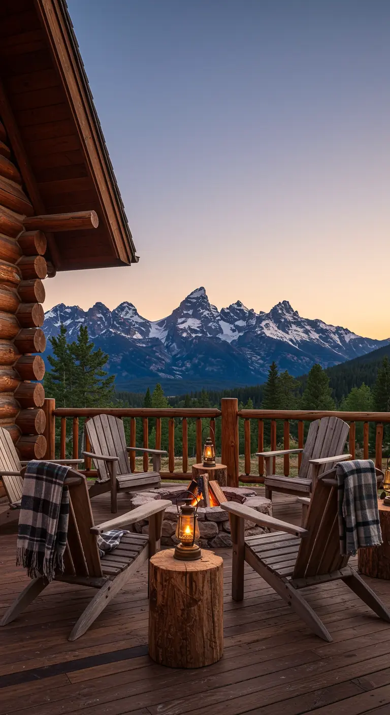 Terraza de cabaña de madera con sillas Adirondack alrededor de un fogón y lámparas de aceite